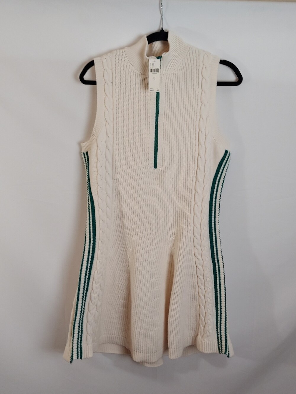 Anthropologie Sleeveless Cable Knit Cream Dress with Green Trim